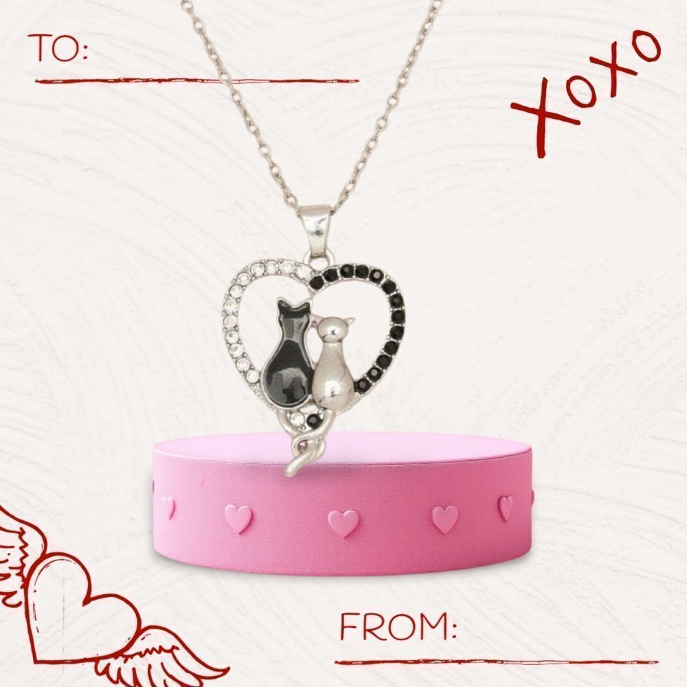 Black Cat Rhinestone Heart Pendant Silver Chain Necklace Cat Lady Mom Pet Lover